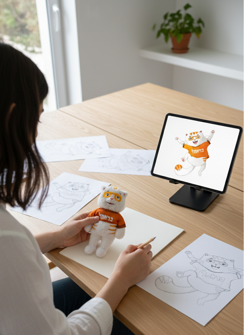 Person coloring a cartoon character with a digital tablet displaying the same design on a wooden table.